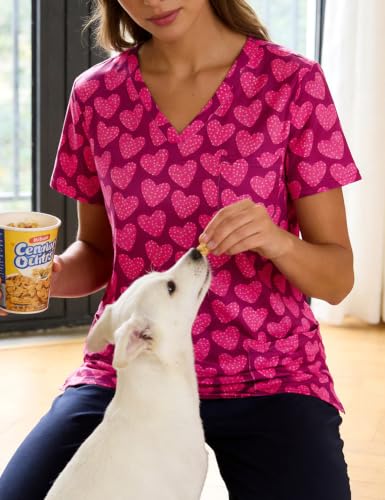 Women's Print Scrub Tops V Neck Short Sleeve Fun Scrubs Shirts - color: Hearts-a, size: Medium