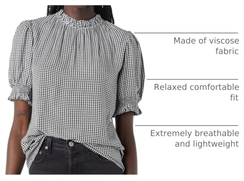 Amazon Essentials Women's Fluid Twill Short Puff Sleeve Ruffle Smock Detail Blouse - color: Black White Mini Gingham, size: Small