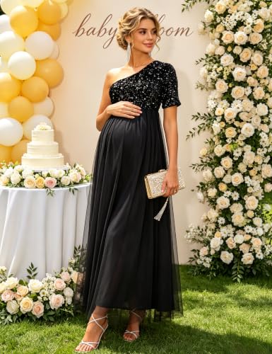Maternity One Shoulder Sequin Short Sleeve Tulle Maxi Gown - color: Black, size: X-Large