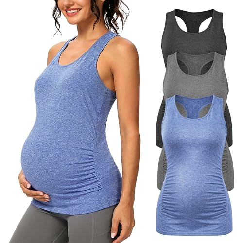 Ecavus 3PCS Women's Maternity Tank Tops Racerback Workout Maternity Clothes - color: 03-black/Grey/Blue, size: Medium