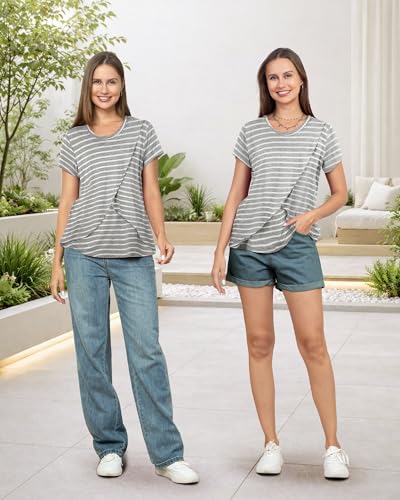 Rnxrbb 3 Pack Nursing Tops for Women Maternity Breastfeeding Shirts - color: Black&light Blue&gray Stripe, size: X-Large