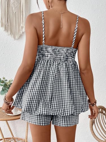 SweatyRocks Women Maternity 2 Piece Outfits Gingham Cami Top Shorts Sets - color: Dark Blue and White, size: Small