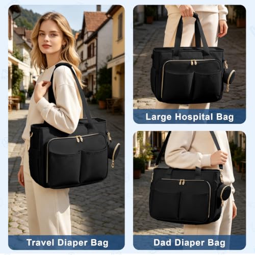 GDNasist Diaper Bag Tote, Large Baby Bag with Pacifier Case for Travel Work - color: Black