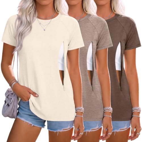 Huukeay 3 Pack Women's Nursing Tops - color: Cream, Mocha, Camel, size: Large