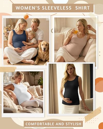 Ficerd 4 Pack Women's Maternity Tank Cotton Tops - color: Black, White, Khaki, Haze Blue, size: Medium