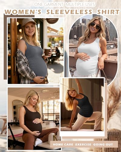 Ficerd 4 Pack Women's Maternity Tank Cotton Tops - color: Black, Coffee, White, Pure Dark Gray, size: Small