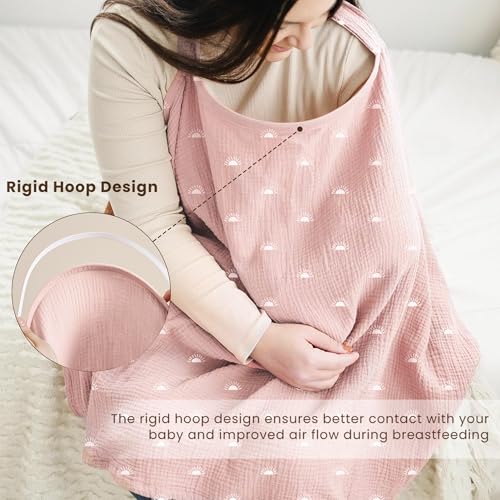 Konssy Muslin Nursing Cover Up for Breastfeeding with Rigid Hoop - color: Pink Sun
