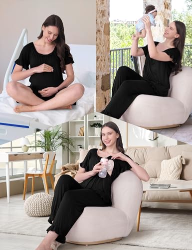 SUNNYBUY 3 PCS Ruffle Nursing Pajamas Set with Bow, Maternity Sleepwear - color: Black, size: Medium