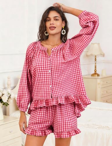 Flygo Womens Gingham 2 Piece Pajama Sets Y2K Cotton Ruffle Short Sets - color: Wine, size: Medium