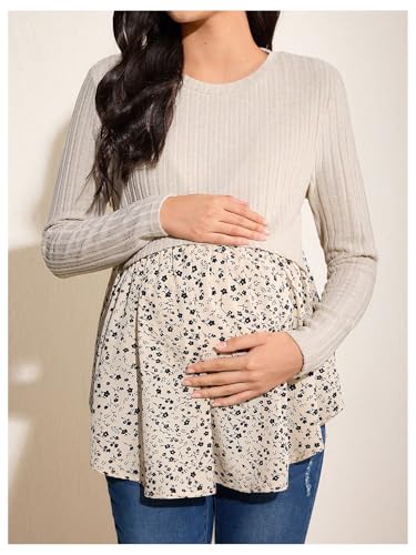MakeMeChic Women's Maternity Shirts Floral Long Sleeve Crew Neck Nursing Casual Blouses Tops