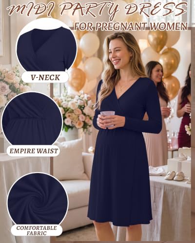 Locoowai Maternity Wrap Long Sleeve Dress V Neck Fall Dress - color: Navy Blue, size: Small