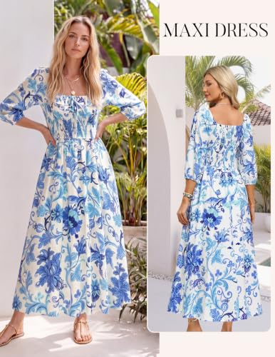 Kate Kasin Womens Summer Fall Boho Maxi Wedding Guest Dresses with Pockets - color: White and Blue Floral, size: Medium