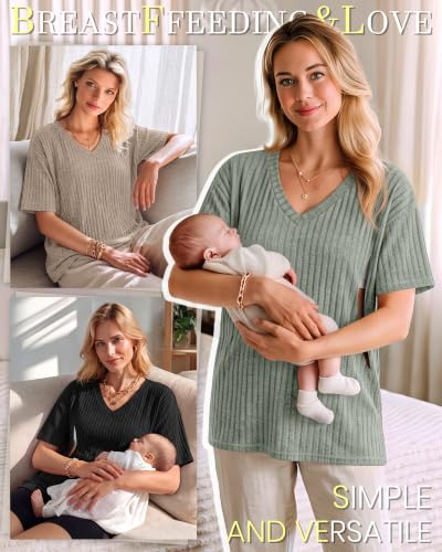 Huukeay 3 Pack Women's V Neck Nursing T-Shirts - color: Khaki, Army Green, Black, size: Large