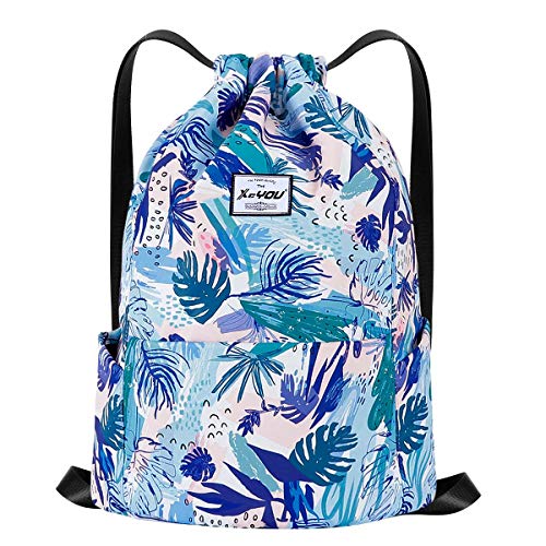 XEYOU Drawstring Backpack Bag Sport Gym Sackpack Beach Cinch Bag - color: Blue Leaves