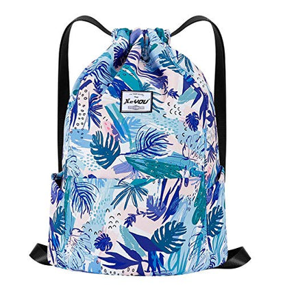 XEYOU Drawstring Backpack Bag Sport Gym Sackpack Beach Cinch Bag - color: Blue Leaves