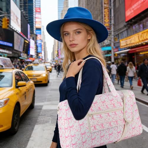 Quilted Pink Bow Duffel Bag,Weekender Bag With Shoe Compartment - color: Pink bow
