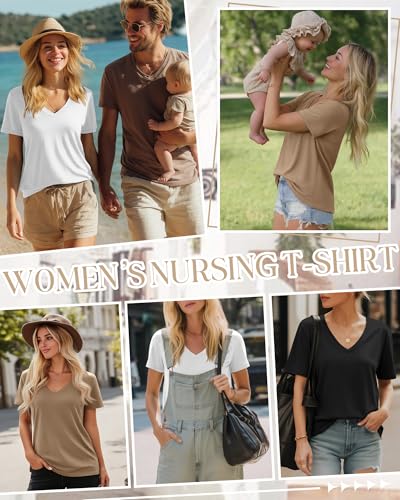 3 Pack Women's Nursing Tops Breastfeeding Shirts - color: Black, White,khaki, size: Small