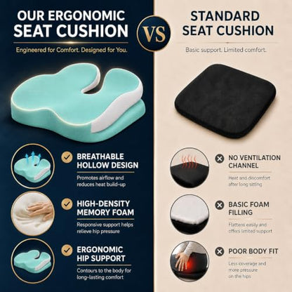 Memory Foam Ergonomic Seat Cushion for Office Chairs Pain Relief - color: Green Mesh