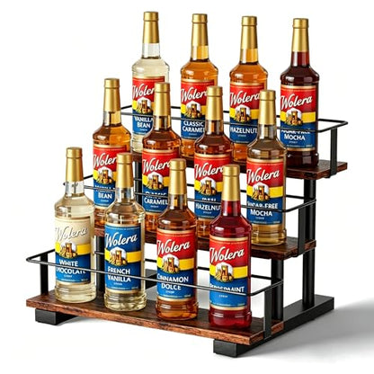 3-Tier Coffee Syrup Rack, Holds 12 Bottles, Rustic Wood & Metal - size: 12-bottle