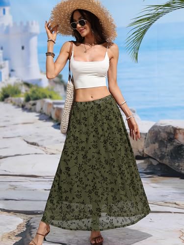 ELLEVEN Women’s Boho Floral Mesh Maxi Skirt - color: Army Green, size: Small
