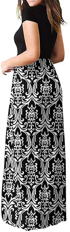 DEARCASE Maxi Dress for Women Short Sleeve Casual Summer Loose Plain Comfy Long Dresses with Pockets - color: 1-floral Black White, size: Large