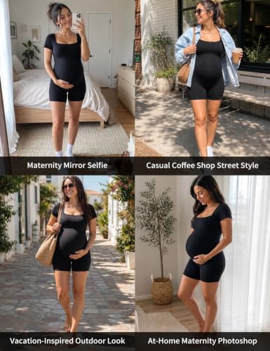 Buttery Soft Maternity Romper, Square Neck Short Sleeve One Piece - color: Black, size: X-Large