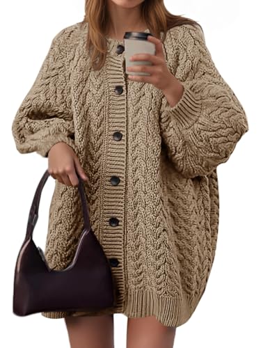 Saodimallsu Womens Cable Knit Cardigans Oversized Chunky Fall Sweater Dress - color: Khaki, size: Medium