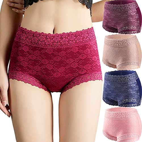 Women's Sexy Lace Hipster Underwear Cotton High Waist Boyshorts Panties For Women Seamless Ladies Briefs 4 Pack - size: Medium