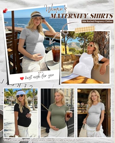 Huukeay 4 Pack Women's Short Sleeve Maternity Tops - color: Black, Army Green, Light Heather Gray, White, size: Small