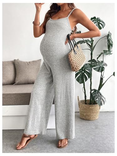 MakeMeChic Women's Maternity Cami Jumpsuit Ribbed Pregnancy Overalls Romper - color: Grey, size: Small