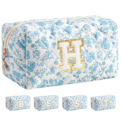 HBselect Personalized Makeup Bag for Women Initial Quilted Toiletry Bag - color: Blue Flower, size: H
