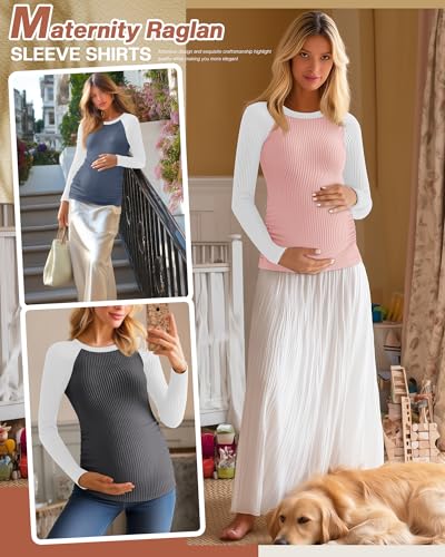 Neer 3 Pack Maternity Long Sleeve Shirts Ribbed Pregnancy Tops - color: Dark Gray, Haze Blue, Pink, size: Small