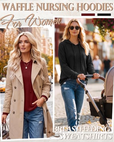 Ficerd 2 Pack Women‘s Nursing Waffle Hoodies with Hidden Zipper - color: Wine Red, Black, size: Small