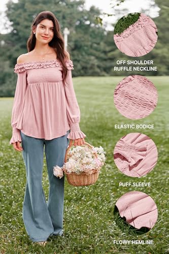 OUGES Womens Cotton Blend Off The Shoulder Maternity Tops Smocked Ruffle Sleeve Blouse Going Out Pregnancy Shirts 2025 - color: Pink, size: Medium