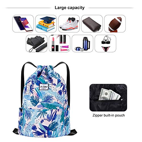 XEYOU Drawstring Backpack Bag Sport Gym Sackpack Beach Cinch Bag - color: Blue Leaves
