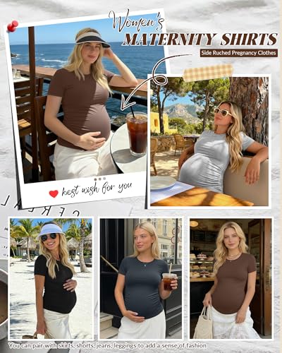 Huukeay 4 Pack Women's Short Sleeve Maternity Tops - color: Coffee, Dark Gray, Light Heather Gray, Black, size: Medium