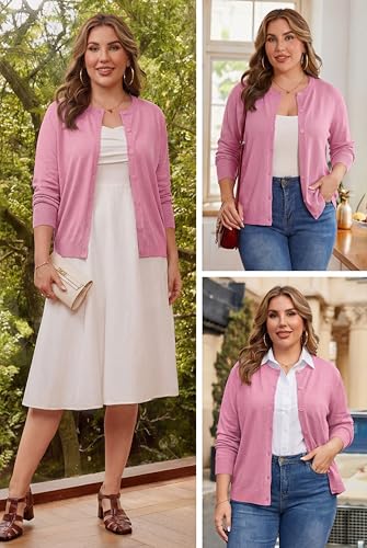 OLRIK Plus Size Long Sleeve Crewneck Cardigan Classic Fall Knit - color: Pink, size: 5X