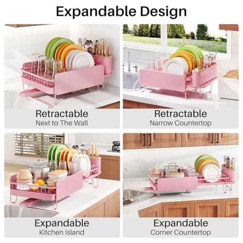 SNTD Large Dish Drying Rack for Kitchen Counter, Expandable, Pink - color: Pink
