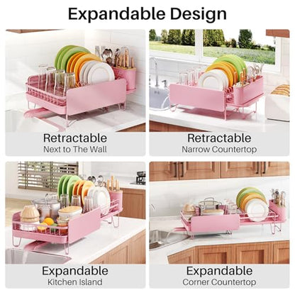 SNTD Large Dish Drying Rack for Kitchen Counter, Expandable, Pink - color: Pink