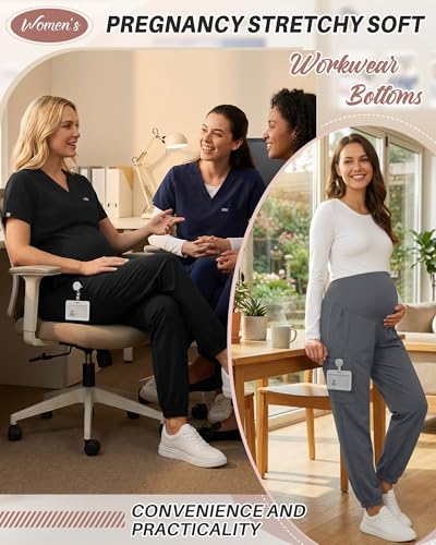Oakgarden 2 Pack Women's Maternity Scrub Pants Pregnancy Scrubs - color: Black, Light Gray, size: Medium