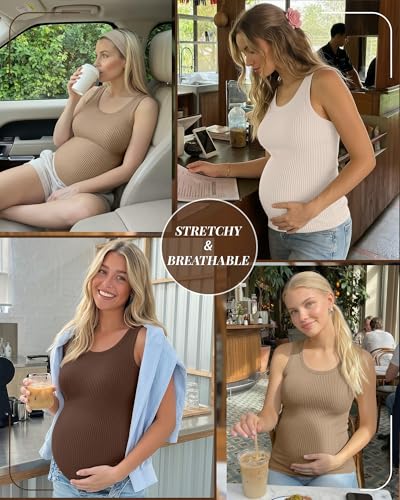 Locoowai 3 Pack Women's Maternity Tank Tops - color: Apricot, Light Brown, Brown, size: Small
