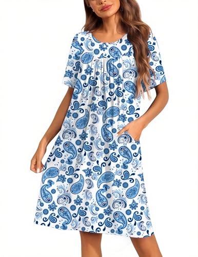 Ekouaer Moo Moos for Women Button House Dresses for Women with Pocket Mumu - color: Blue Boho, size: Medium