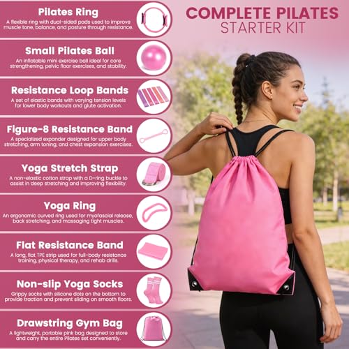 Pilates Kit for Women 13PCS, Pilates Ring Ball Resistance Bands Workout Set - color: Pink