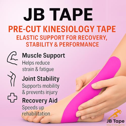 JB Tape Kinesiology Tape, 80 Precut Strips, Pink, Latex‑Free, 4 Rolls - color: Hot Pink