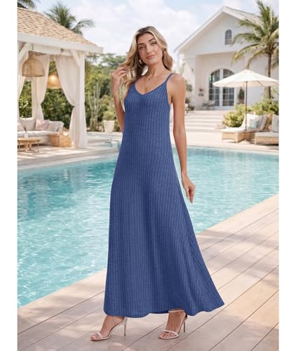 LILBETTER Women's Summer Maxi Dress Casual Flowy Spaghetti Strap Beach Long Dresses with Pockets - color: Blue, size: Medium
