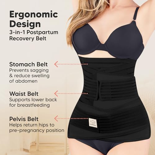3 in 1 Postpartum Belly Support Recovery Wrap Band (Midnight Black, M/L) - color: Midnight Black, size: M/L, Waist 25"-35”