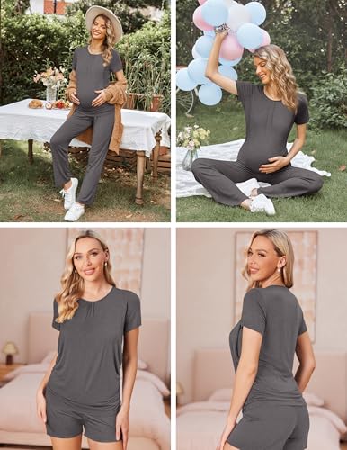Ekouaer Maternity Nursing Pajamas Set 3 Piece Postpartum Breastfeeding Pjs - color: Dark Gray, size: Large