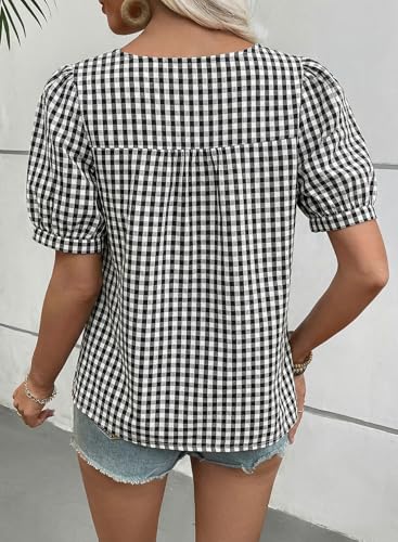 EVALESS Womens Gingham Top Short Sleeve Square Neck Shirts Cotton Blouse - color: B Black, size: Small