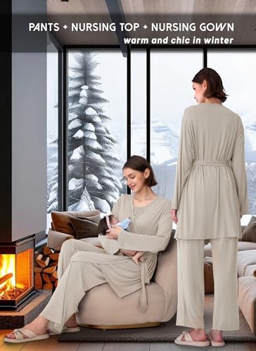 Rnxrbb 3 PCS Nursing Pajamas Robe Set Maternity Postpartum Pjs for Hospital - color: Beige, size: Medium