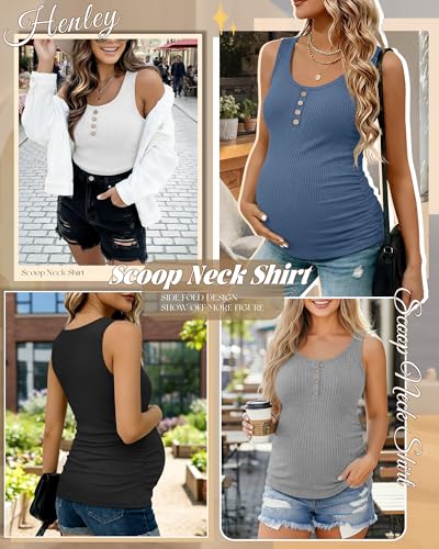 4 Pack Maternity Henley Tank Tops - color: Haze Blue, White, Light Gray, Black, size: Large